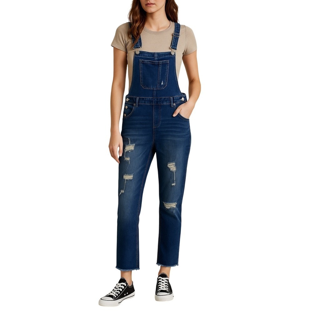 Women's Distressed Denim Overalls Size L Blue Jean Bib Pants Adjustable Straps‎
